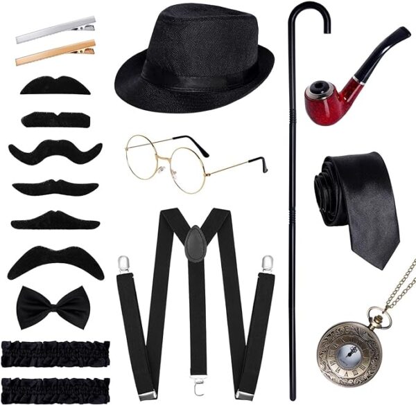 Ishua 1920s Men Costume Accessories, 18 pcs Old Men Gangster Costume Set, Roaring Retro Mens Gatsby Accessories 1920s